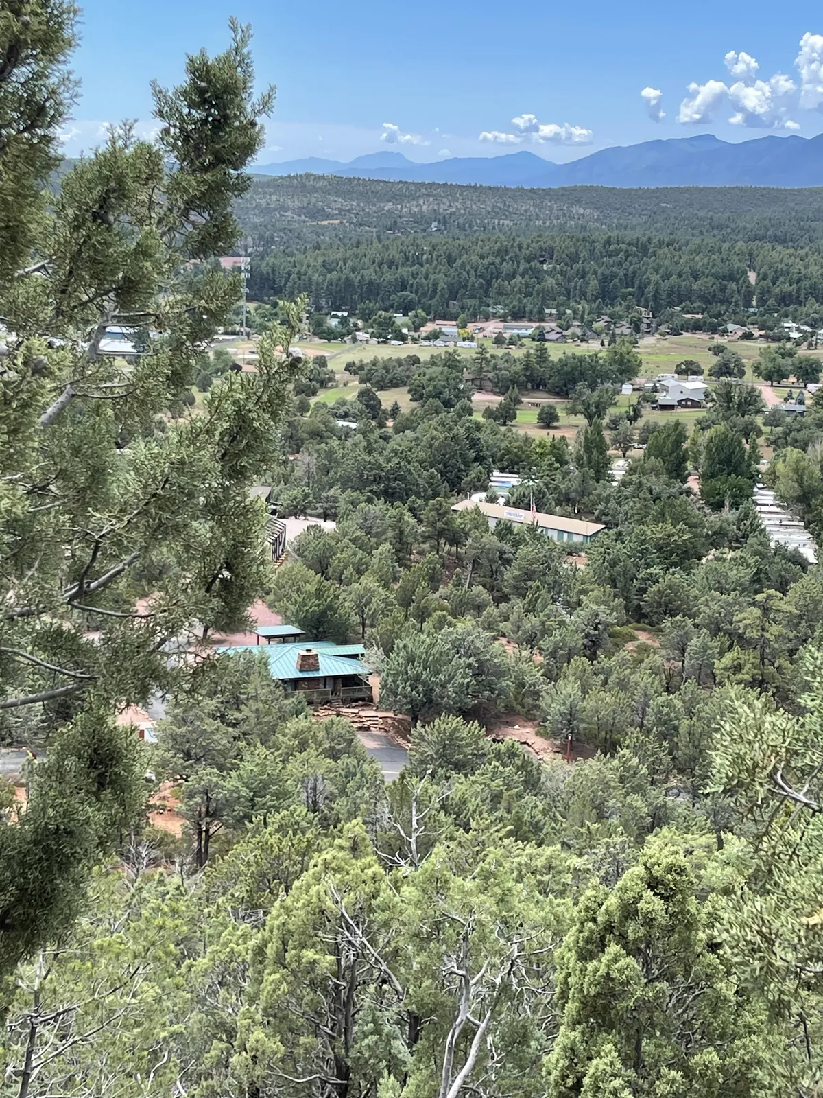 A sweeping view over green forests and scattered houses toward distant mountains, bathed in tranquil sunrise light. The vantage point is elevated, offering the kind of breathtaking panorama hikers would see from the summit.