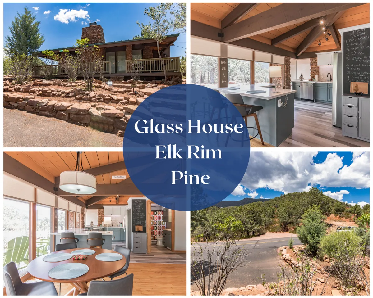 The image showcases the striking glass exterior of a mid-century cabin nestled among natural rock landscaping, with a spacious deck overlooking expansive mountain views. The serene setting highlights the unique architecture, inviting outdoor dining, and a welcoming space to enjoy sunsets and the beauty of the Mogollon Rim.