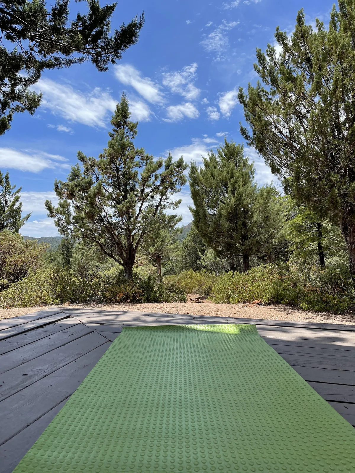 A serene outdoor scene with a green yoga mat placed on the grass, surrounded by trees and an open sky above. The setting is peaceful and naturally inviting, emphasizing wellness and mindfulness in nature.